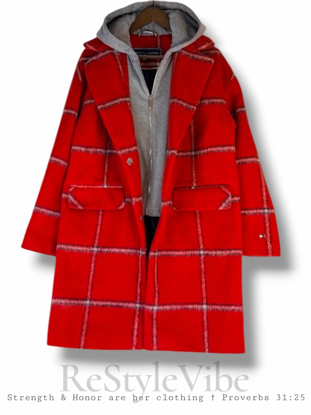 TOMMY HILFIGER Women’s Size M Jacket Coat Wool Blend Plaid Hooded Layer Warm